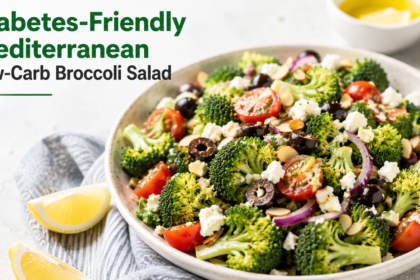 A vibrant close-up of a Mediterranean broccoli salad served in a white bowl, highlighting the colorful textures of sun-dried tomatoes, kalamata olives, and artichoke hearts mixed with fresh broccoli.