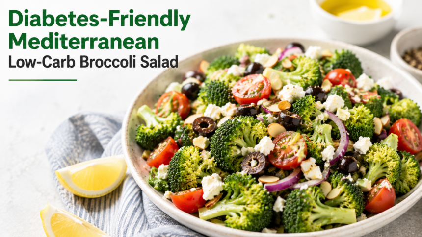 A vibrant close-up of a Mediterranean broccoli salad served in a white bowl, highlighting the colorful textures of sun-dried tomatoes, kalamata olives, and artichoke hearts mixed with fresh broccoli.