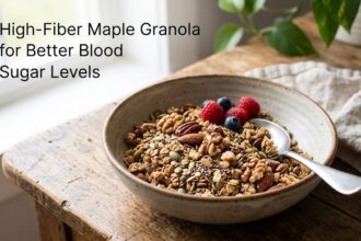 a plain dish featuring golden baked maple granola with pecans and rolled oats. No text overlays, no infographics, and no people.