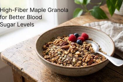 a plain dish featuring golden baked maple granola with pecans and rolled oats. No text overlays, no infographics, and no people.