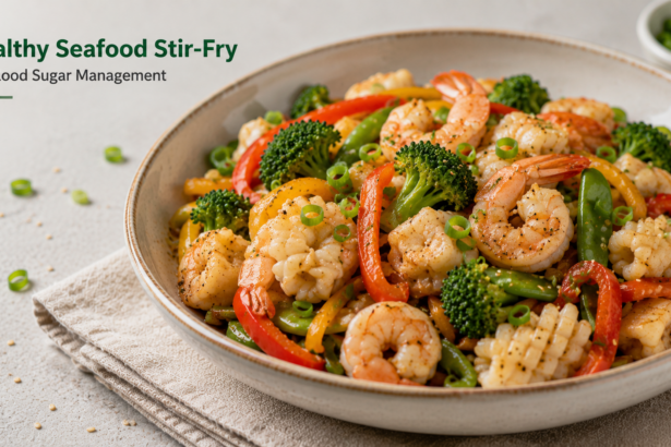 A vibrant skillet of shrimp, yellow summer squash, corn, and bright tomatoes garnished with fresh basil.