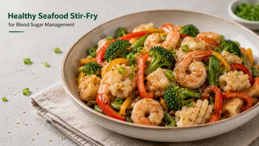 A vibrant skillet of shrimp, yellow summer squash, corn, and bright tomatoes garnished with fresh basil.