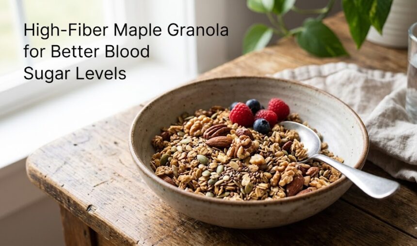 a plain dish featuring golden baked maple granola with pecans and rolled oats. No text overlays, no infographics, and no people.