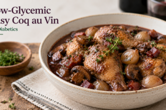 A portion of quick coq au vin served in a Dutch oven, featuring golden-brown chicken thighs, mushrooms, and carrots in a rich wine reduction.