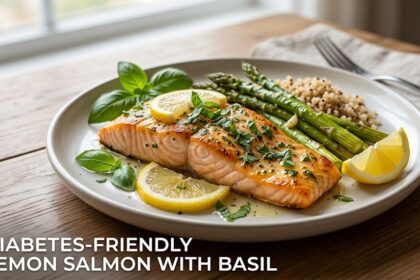 A plain dish of a baked salmon fillet topped with thin lemon slices and scattered fresh slivered basil leaves.