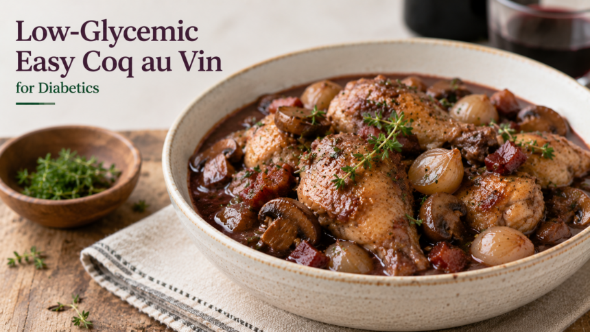 A portion of quick coq au vin served in a Dutch oven, featuring golden-brown chicken thighs, mushrooms, and carrots in a rich wine reduction.