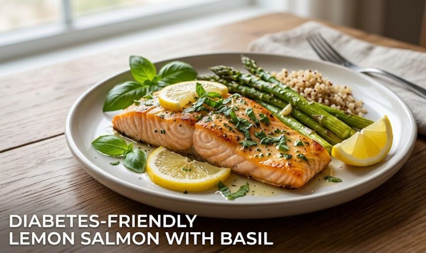 A plain dish of a baked salmon fillet topped with thin lemon slices and scattered fresh slivered basil leaves.