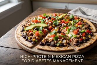A plain dish of a loaded baked pizza topped with black beans, yellow bell peppers, diced tomatoes, spinach, and melted cheese on a thin crust.