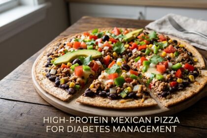 A plain dish of a loaded baked pizza topped with black beans, yellow bell peppers, diced tomatoes, spinach, and melted cheese on a thin crust.