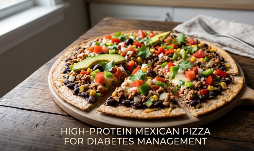 A plain dish of a loaded baked pizza topped with black beans, yellow bell peppers, diced tomatoes, spinach, and melted cheese on a thin crust.