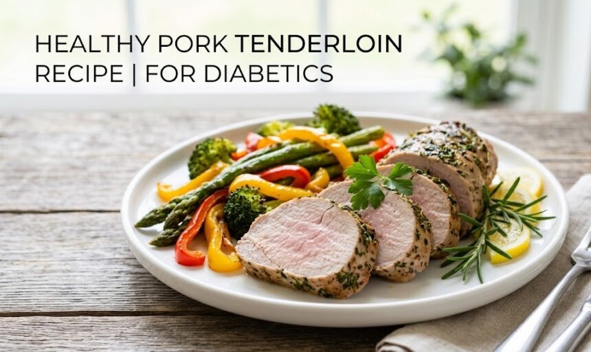 A plain dish of grilled pork tenderloin slices showcasing a seasoned crust and a juicy pink center.
