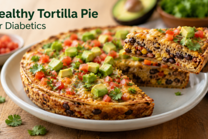 A freshly baked layered tortilla pie casserole in a round ceramic dish, showing golden melted cheese topped with fresh chopped cilantro and diced tomatoes.
