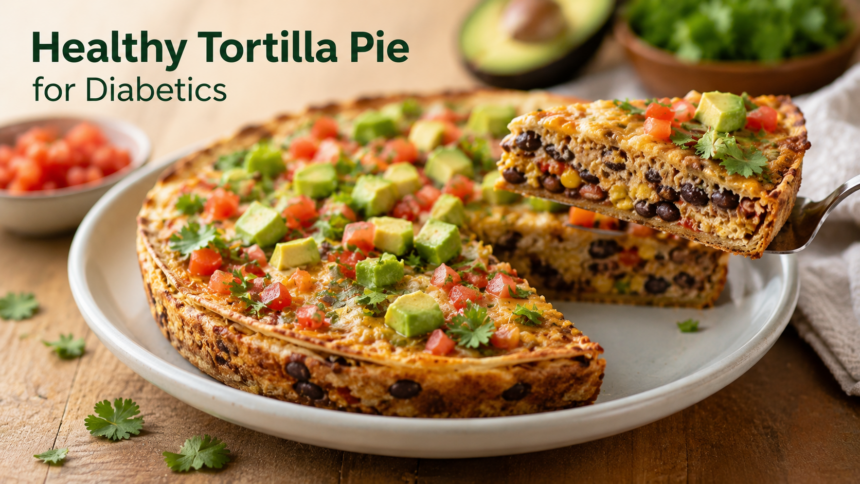 A freshly baked layered tortilla pie casserole in a round ceramic dish, showing golden melted cheese topped with fresh chopped cilantro and diced tomatoes.