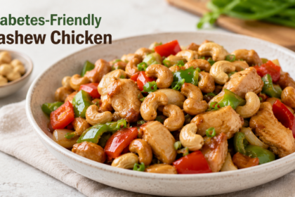 A plain dish of glossy cashew chicken stir-fry served over jasmine rice, showing golden-brown chicken chunks, vibrant green bell peppers, sliced water chestnuts, and whole salted cashews.