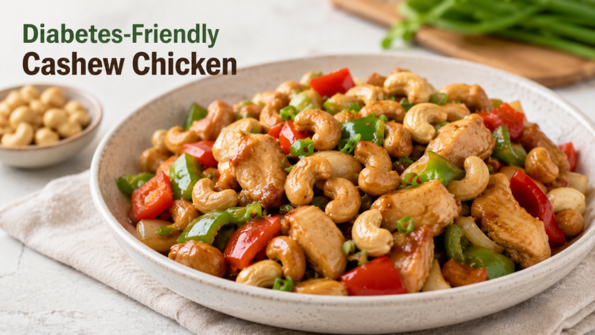 A plain dish of glossy cashew chicken stir-fry served over jasmine rice, showing golden-brown chicken chunks, vibrant green bell peppers, sliced water chestnuts, and whole salted cashews.