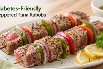 A plain dish of grilled tuna skewers layered with sweet red peppers and juicy mango cubes, topped with a fresh corn salsa.