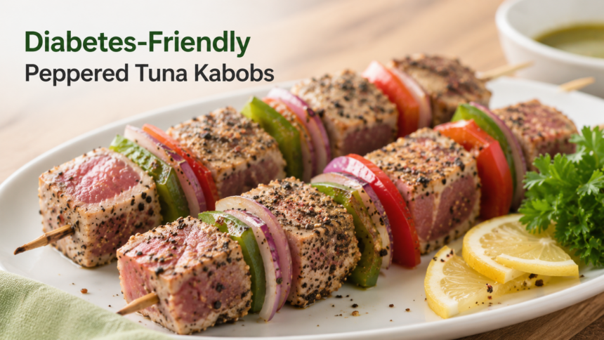 A plain dish of grilled tuna skewers layered with sweet red peppers and juicy mango cubes, topped with a fresh corn salsa.