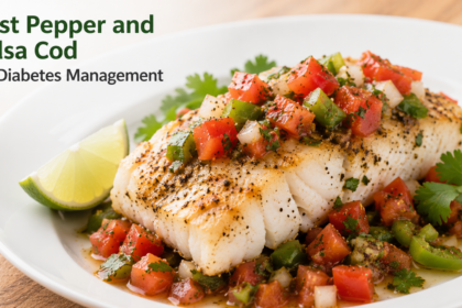 A plain dish of baked white cod fillets topped with vibrant green and red bell pepper strips and thick chunky salsa.