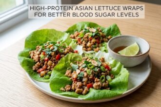 A plain dish of healthy lettuce wraps filled with seasoned ground turkey and crisp julienned vegetables.