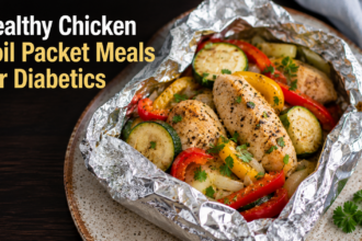 a plain dish featuring an open aluminum foil packet filled with a sliced, tender chicken breast, sweet red bell peppers, baby carrots, pearl onions, and fresh thyme sprigs.