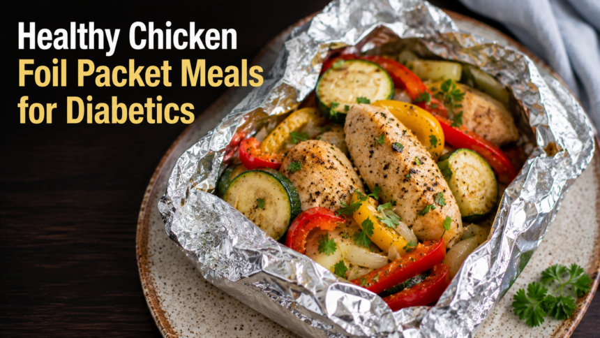 a plain dish featuring an open aluminum foil packet filled with a sliced, tender chicken breast, sweet red bell peppers, baby carrots, pearl onions, and fresh thyme sprigs.